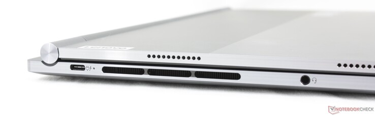 A sinistra (solo in modalità laptop Windows): USB-C 4.0 + Thunderbolt 4 con DisplayPort e Power Delivery, cuffie da 3,5 mm