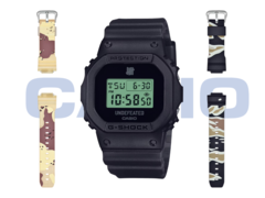 Il Casio x Undefeated G-Shock DWE-5600UD-1, con il cinturino mimetico da deserto (a sinistra) e il cinturino mimetico da bosco (a destra). (Fonte: Casio)