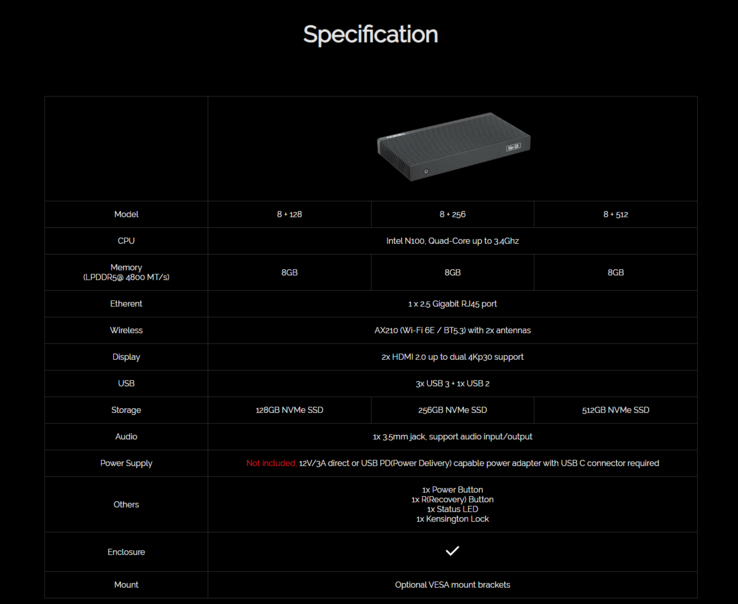 La scheda tecnica completa del Mini PC Palmshell SLiM X4L. (Fonte: Palmshell)