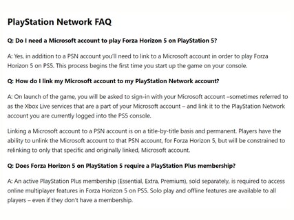 FAQ sull'account PSN di Forza Horizon 5 (fonte: sito di supporto di Forza Horizon 5)