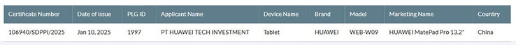 L'SDPPI indonesiano approva la vendita del MatePad Pro 13.2 2025. (Fonte: SDPPI via HuaweiCentral)