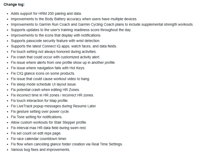 Il registro delle modifiche per la versione stabile del software 22.22 o per alcuni smartwatch Garmin Forerunner. (Fonte: Garmin)