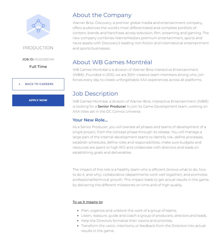 L'elenco completo delle offerte di lavoro sul sito web di WB Games Montréal. (Fonte: WB Games Montréal Jobs)