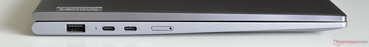 A sinistra: USB-A 3.2 Gen 1 (5 Gbit/s, sempre attivo), 2x USB-C 4.0 con Thunderbolt 4 (40 Gbit/s, DisplayPort 2.1, Power Delivery 3.0), scheda Nano SIM